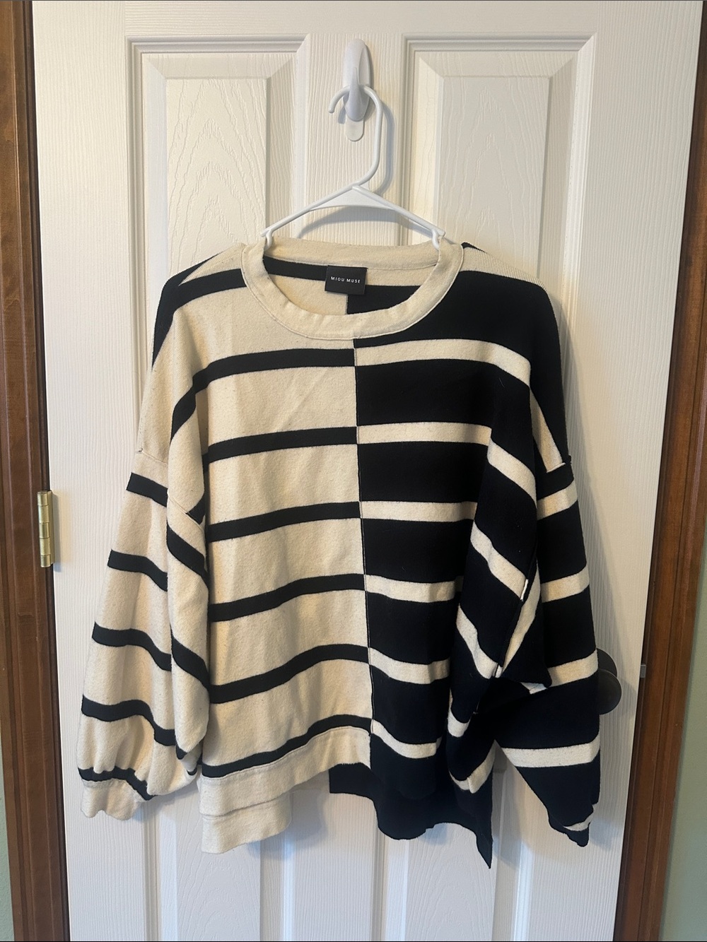 Wide Muse Black & Cream Striped Crewneck Sweater